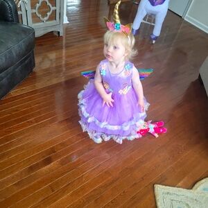 3T purple unicorn party dress with unicorn headband and wings.